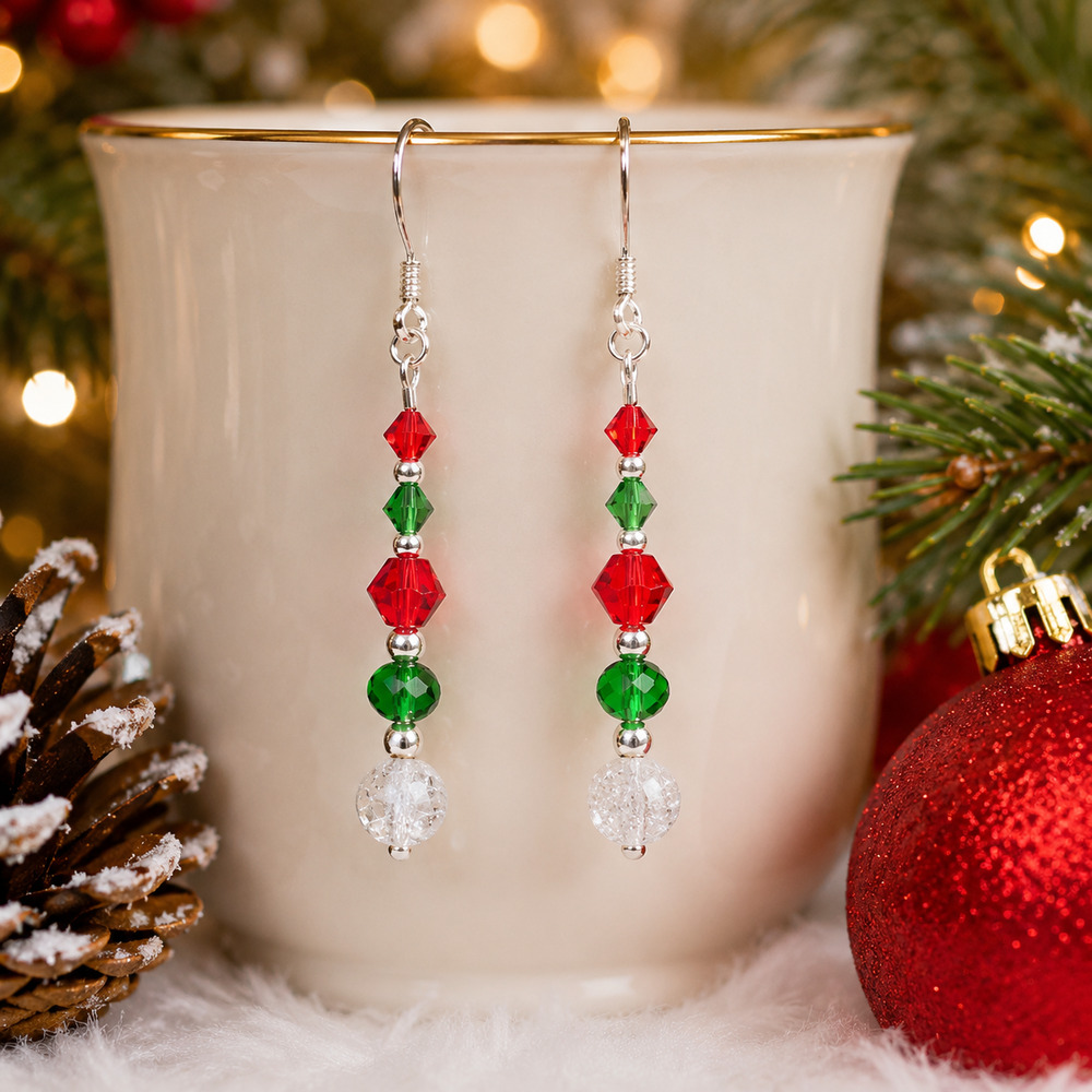 Handmade Crackle, Briolette, Bi-Cone Earrings: Holiday Festive #C28